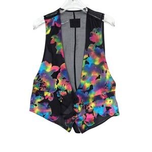 Anna Sui Vintage 90s Rainbow Semi Sheer Floral Vest Button Up Deep V-Neck Size S